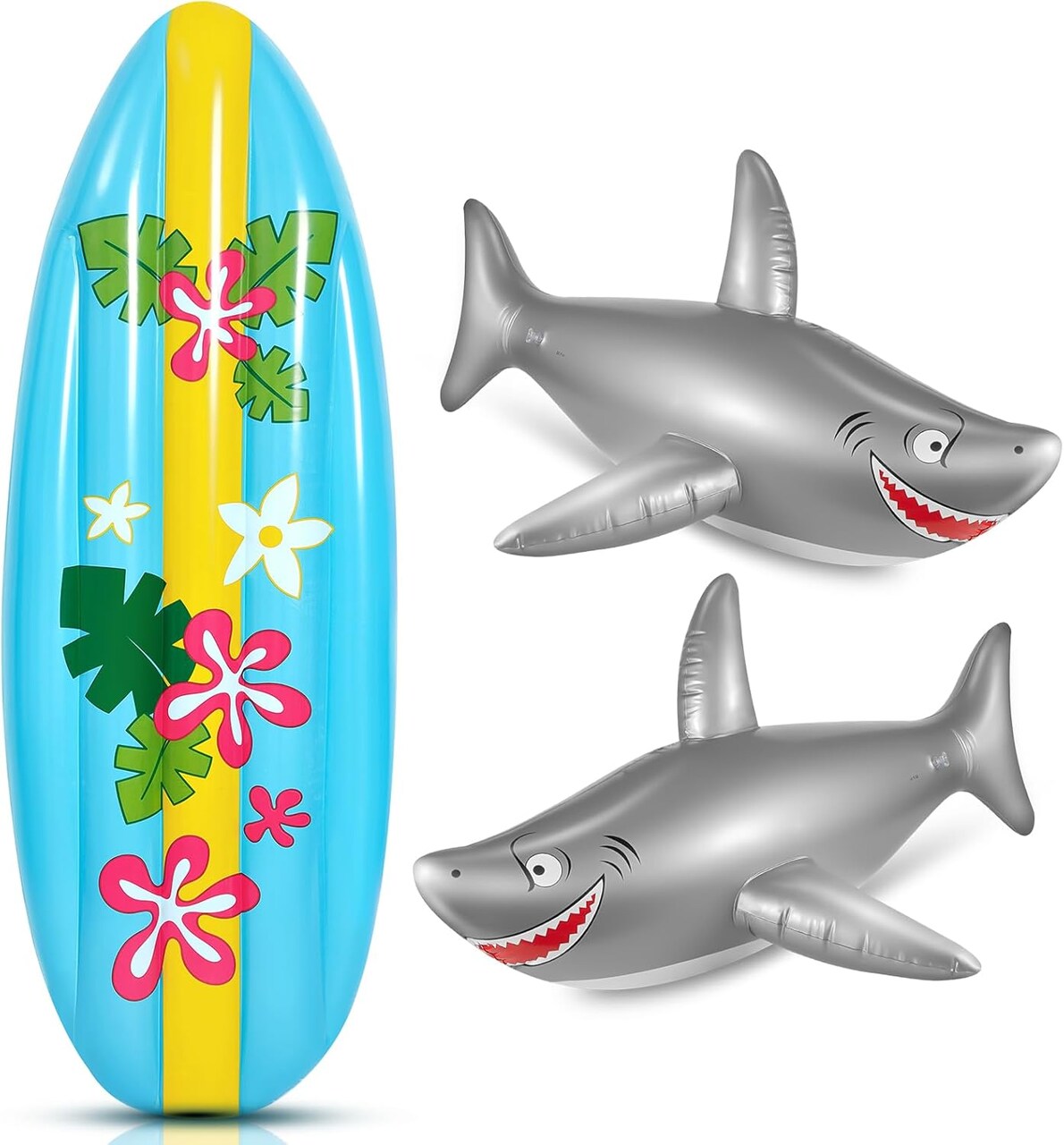 3 Pcs Inflatable Surf Board and Shark Luau Decoration Include 2 Pcs 38.9 in Shark Pool Toy and 60 in Inflatable Surfboard Decor Party Decorations for Adults Boys Girls Surf Beach Party